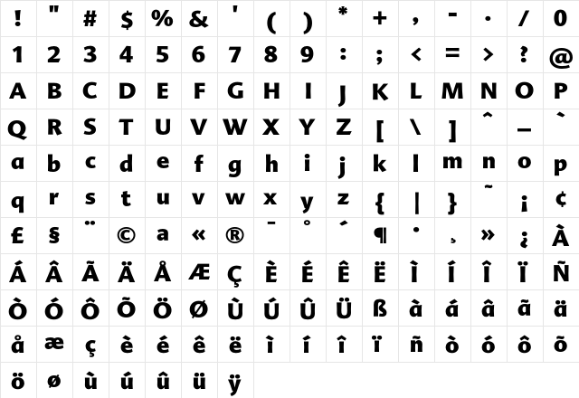 Advert Black Regular  glyph index