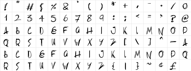 Slenderscratch Regular  glyph index