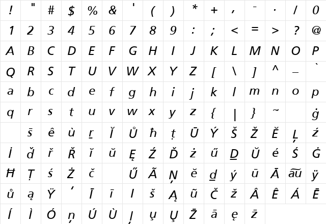 Frutiger SCIN It v.1 Italic  glyph index