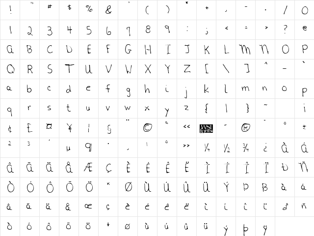 HanksHand Regular  glyph index