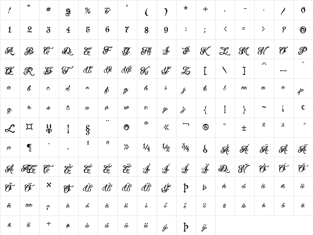 VTCTattooScriptTwo Regular  glyph index