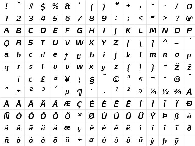 MaxDemiSerifLF-SemiBoldIta Regular  glyph index