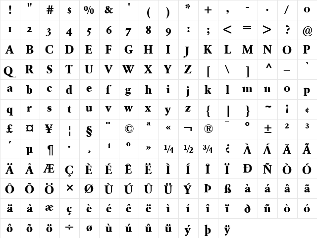 Garamond BE Regular  glyph index