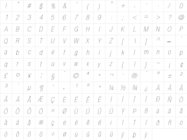Helvetica Neue 27 Ultra Light Cond Oblique  glyph index