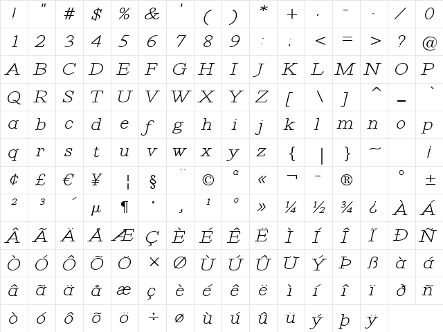 Revelation BTN Exp BoldOblique  glyph index