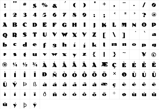 BlockCalligraphy Normal  glyph index