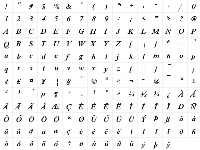 NimbusRomNo9TMed Italic  glyph index
