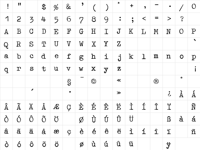 OldTypewriterBold Regular  glyph index