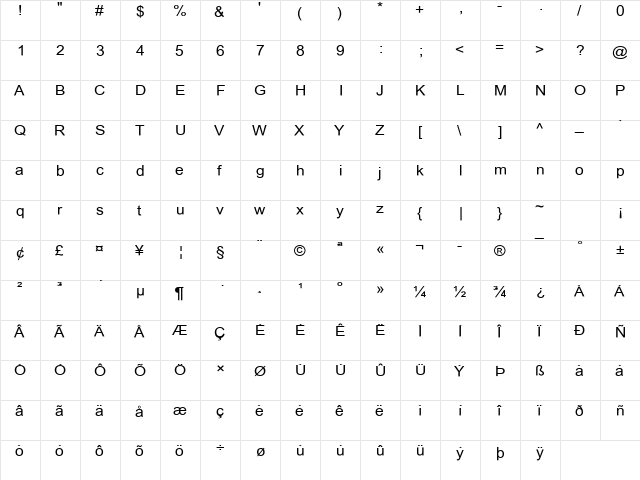Arial Super Regular  glyph index