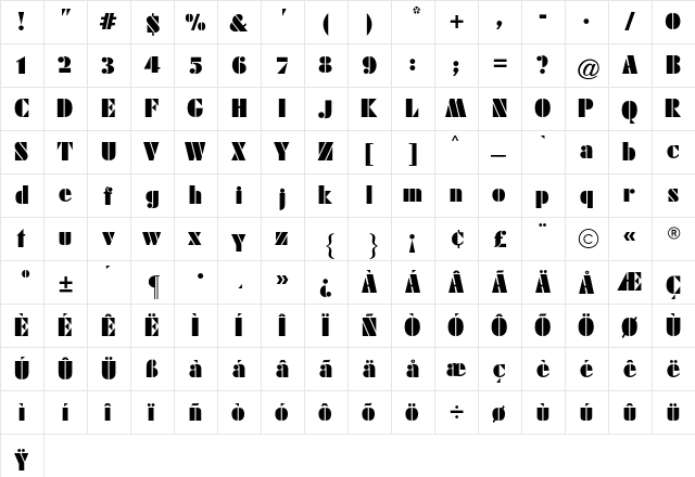 Futura Black CG Regular  glyph index