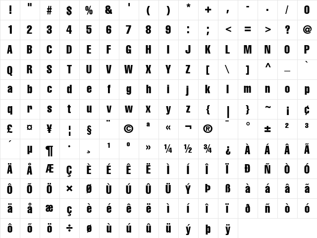 Helvetica Compressed  glyph index