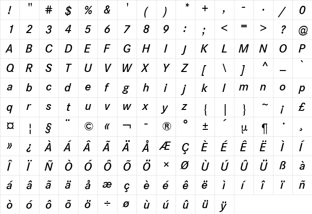 Corporate S BQ Italic  glyph index