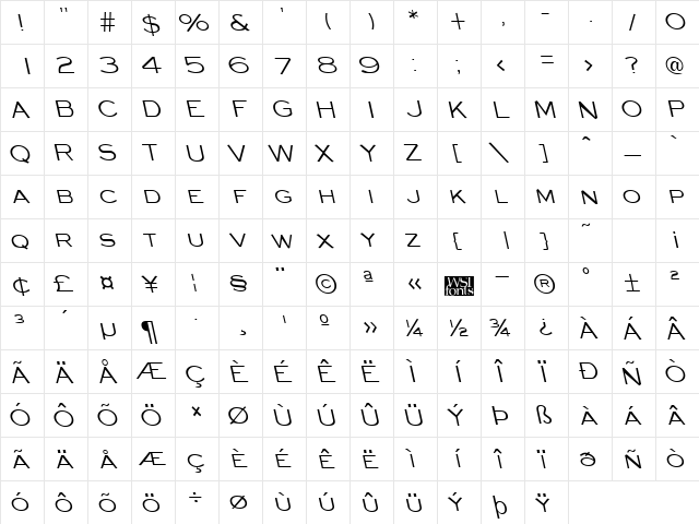 EyechartBackslant Regular  glyph index