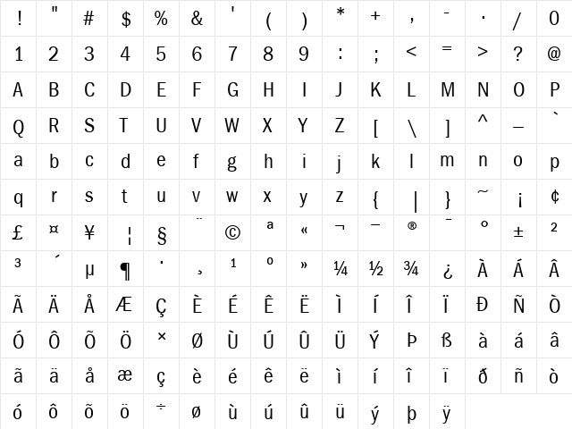 ITCFranklinGothic-CondensedBook Book  glyph index