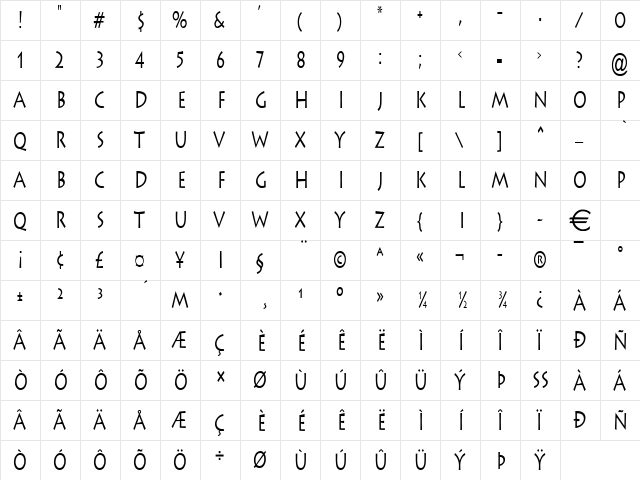 ListeThin Normal  glyph index