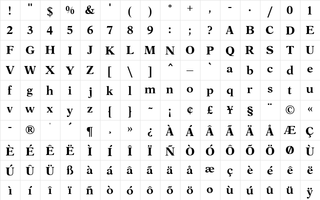 Aster MN Demi  glyph index