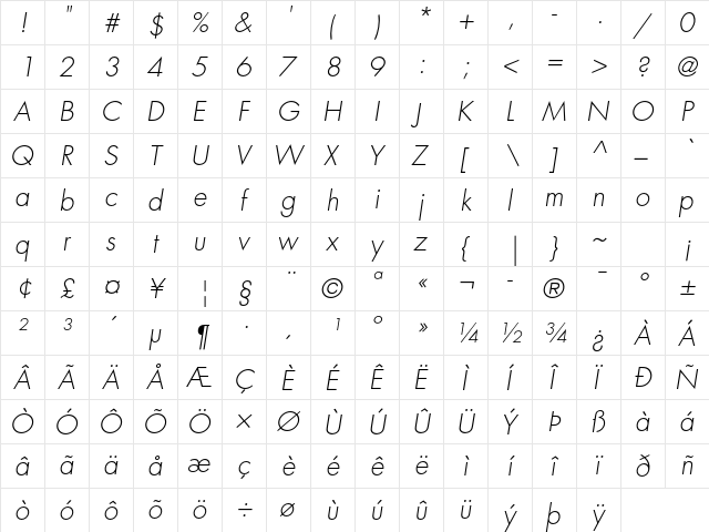 Futura Std Light Oblique  glyph index