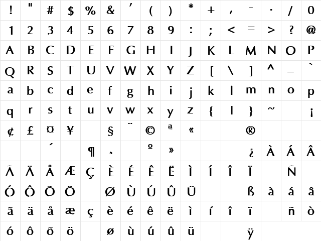 Friends 12 Bold  glyph index