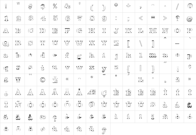 ClarendonOutline Regular  glyph index