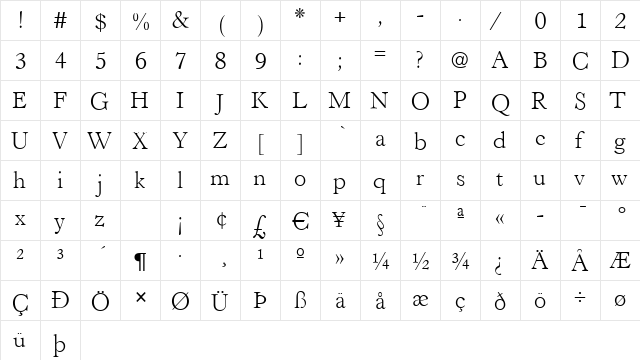Hastings Regular  glyph index