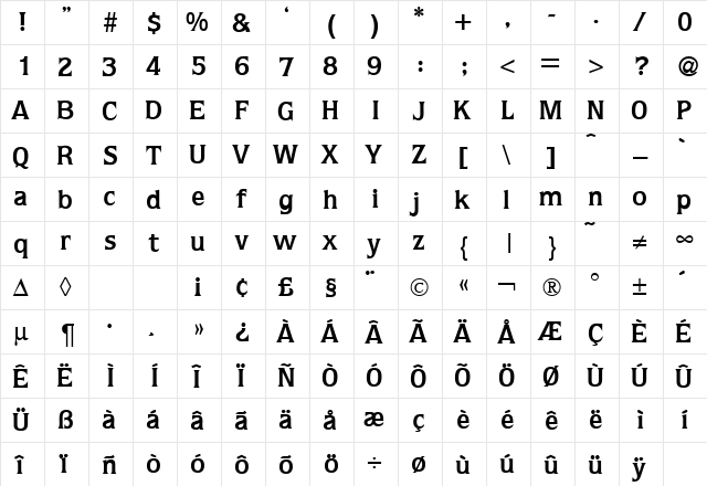 Quota Bold  glyph index