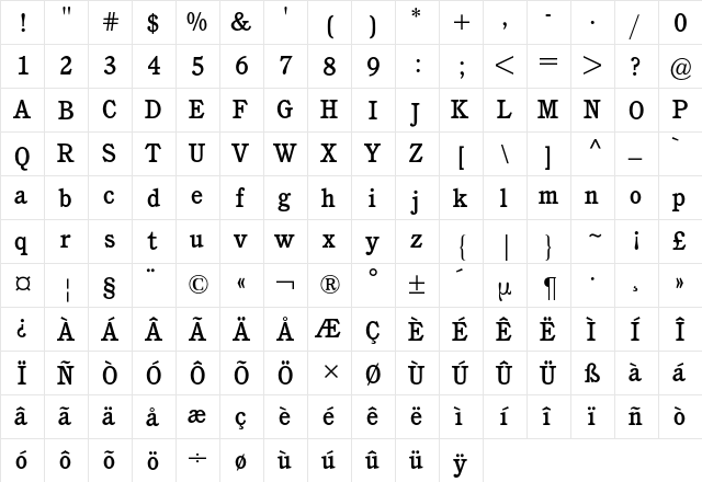 Cushing BQ Regular  glyph index