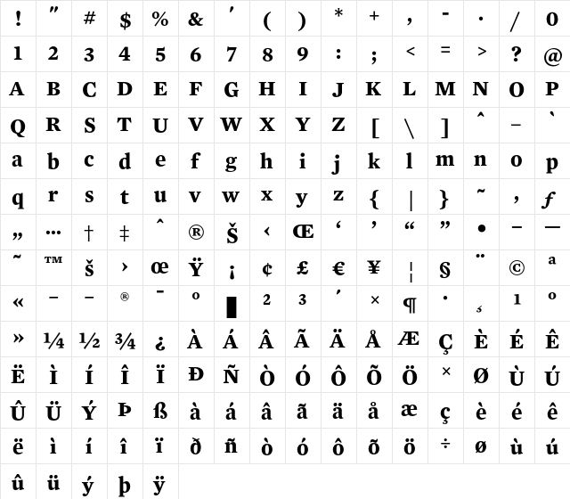 Mercury Text G2 Bold  glyph index