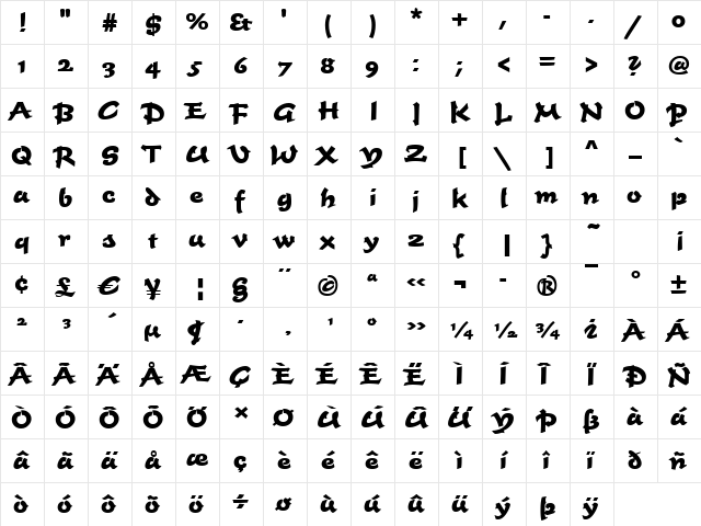 TiogaScript-Bold Regular  glyph index