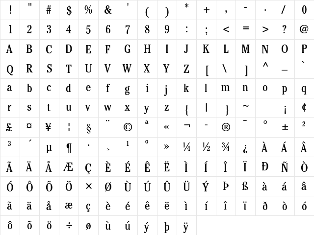 ITC Cheltenham Std Book Condensed  glyph index