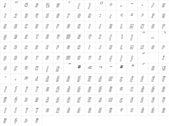 Stark Hollow Italic  glyph index
