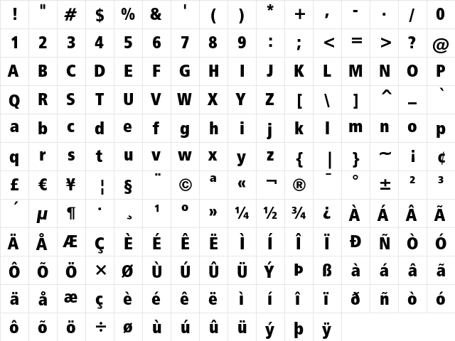 Humanist 777 Extra Black Condensed  glyph index