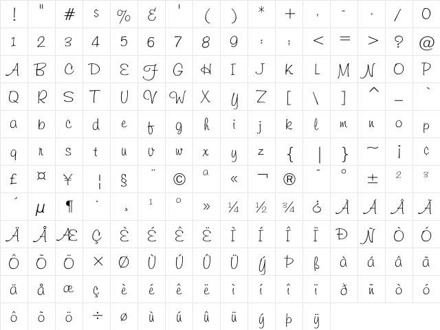 Freehand 591 TM  glyph index