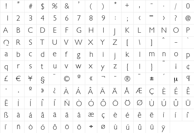 DavidBecker-ExtraLight Regular  glyph index