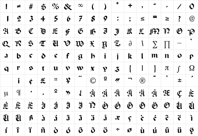 Paladin DB Medium  glyph index