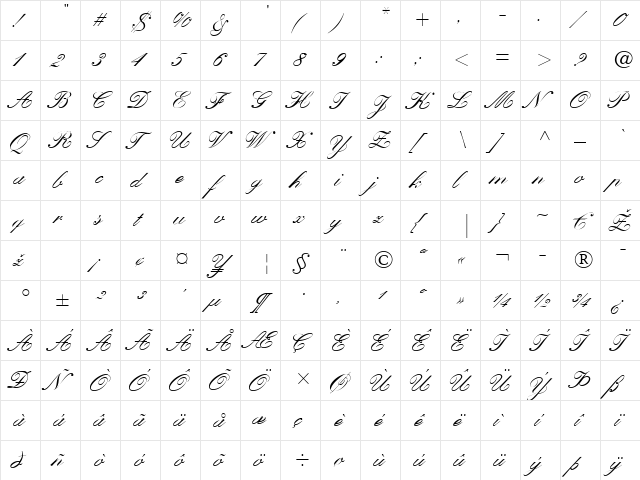 Heather Script One Regular  glyph index