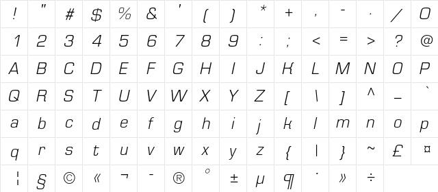 EurofontLightC Italic  glyph index