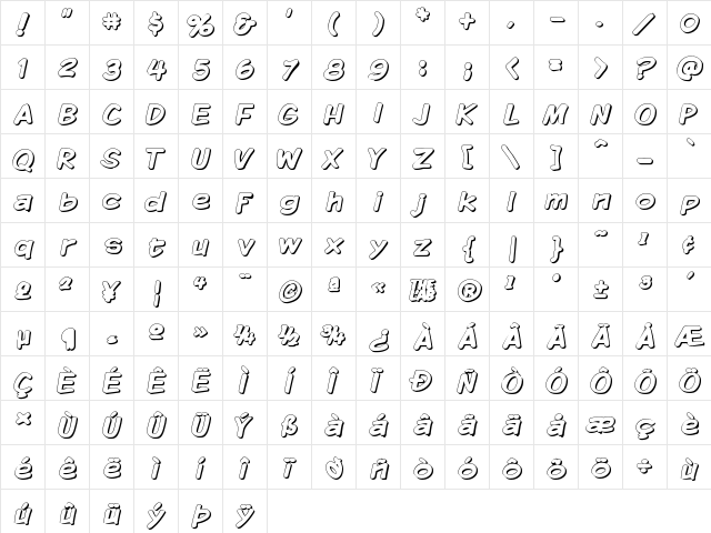 Komika Display - Shadow Regular  glyph index