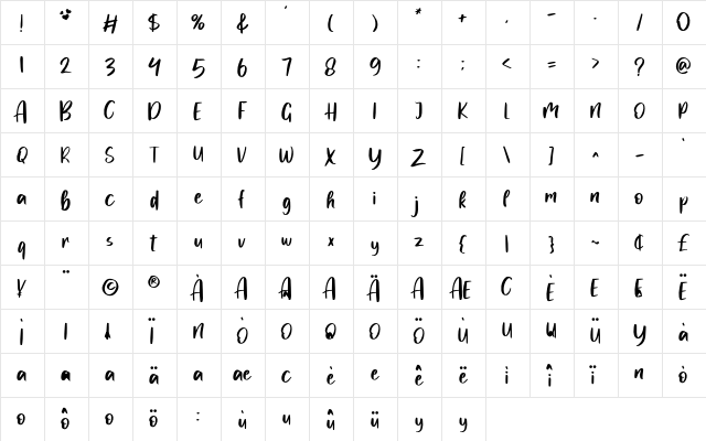 MyLove Regular  glyph index
