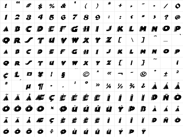 Poster-Extended Italic  glyph index