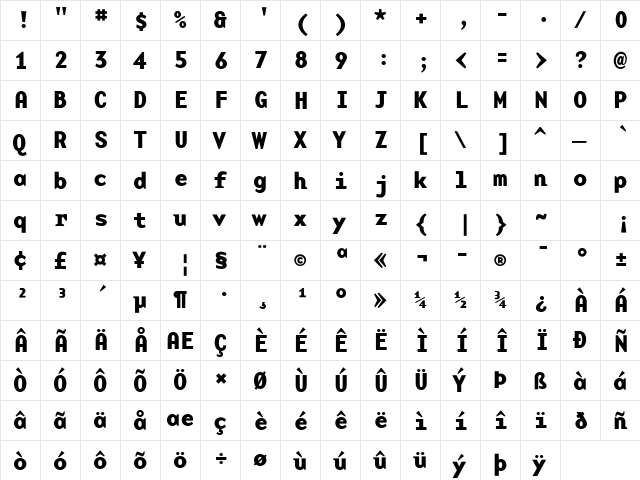 BaseMonoWide Bold  glyph index