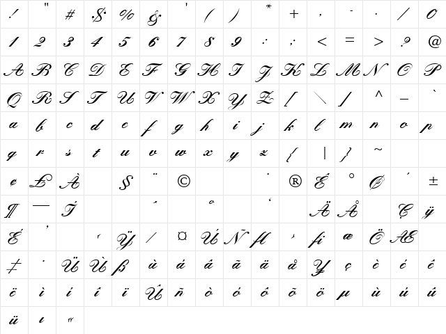KuenstlerScriptBlack Regular  glyph index