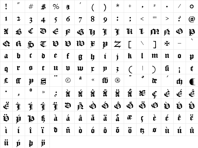 Historical Medium  glyph index