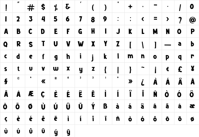 Mutchin Regular  glyph index