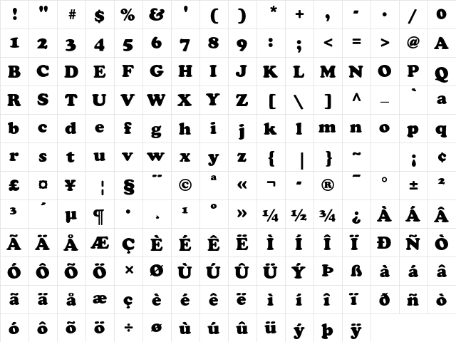 Cooper Std Black  glyph index