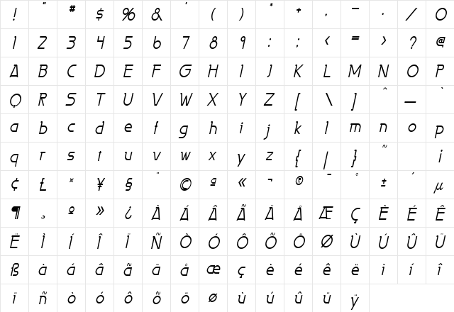 Persia Condensed Italic  glyph index
