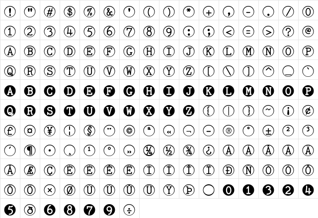 TOCinRings Regular  glyph index