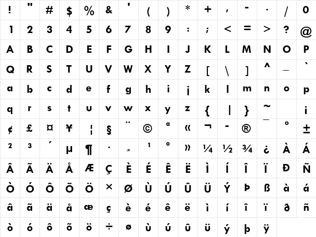 Tw Cen MT Bold  glyph index