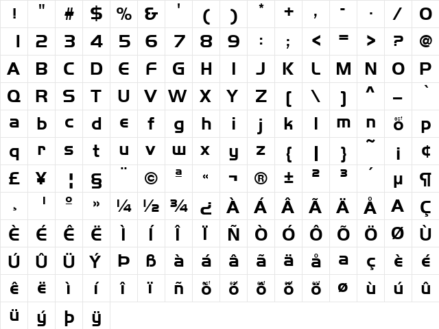 Handsome Regular  glyph index