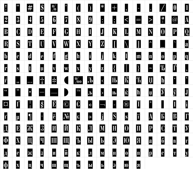 BodoniCameoC Regular  glyph index