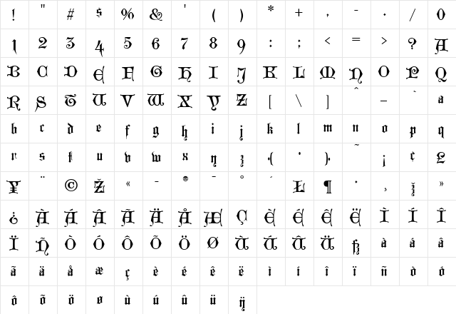 WestminsterGothic Regular  glyph index